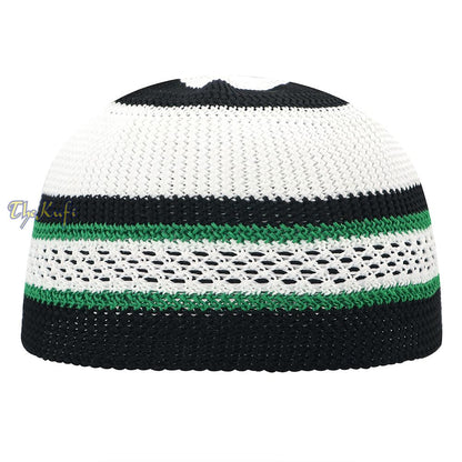 White Black Green Stripes Nylon Stretchy Kufi Cap Skullie Moslem Topi Skull Cap
