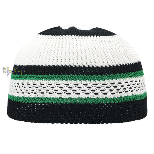 White Black Green Stripes Nylon Stretchy Kufi Cap Skullie Moslem Topi Skull Cap
