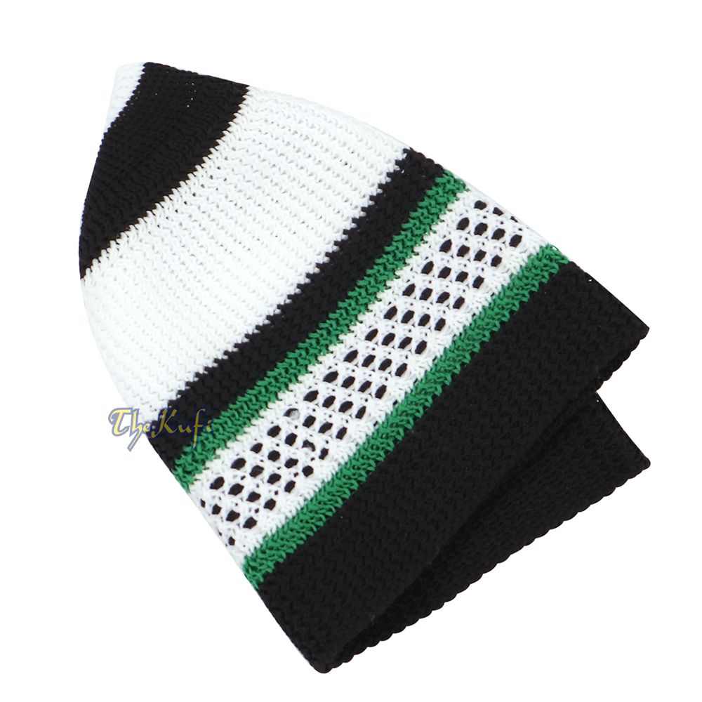 White Black Green Stripes Nylon Stretchy Kufi Cap Skullie Moslem Topi Skull Cap