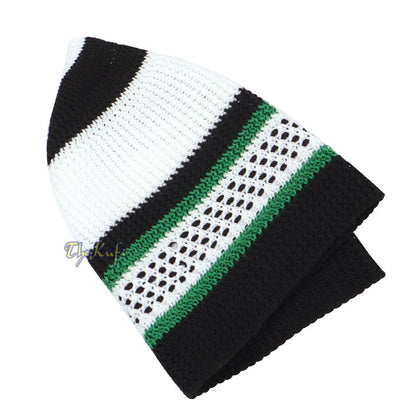 White Black Green Stripes Nylon Stretchy Kufi Cap Skullie Moslem Topi Skull Cap