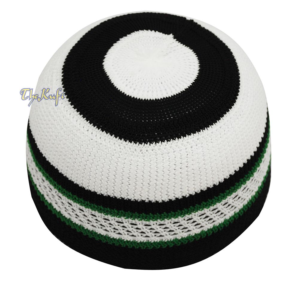 White Black Green Stripes Nylon Stretchy Kufi Cap Skullie Moslem Topi Skull Cap