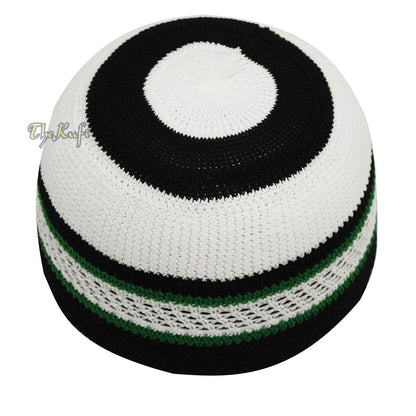 White Black Green Stripes Nylon Stretchy Kufi Cap Skullie Moslem Topi Skull Cap