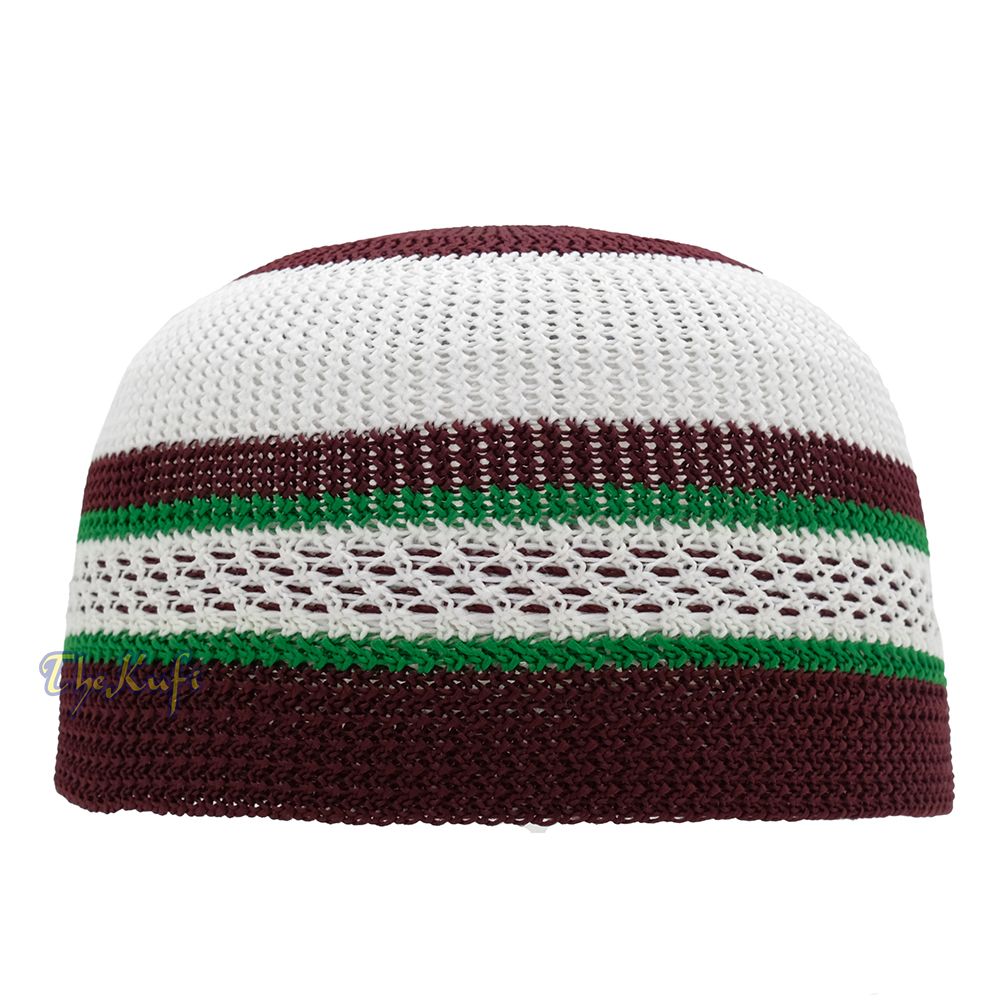 White and Maroon with Green Stripes & Dotted Lines Nylon Stretchy Textured Kufi Hat Skullcap