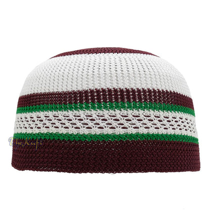 White and Maroon with Green Stripes & Dotted Lines Nylon Stretchy Textured Kufi Hat Skullcap
