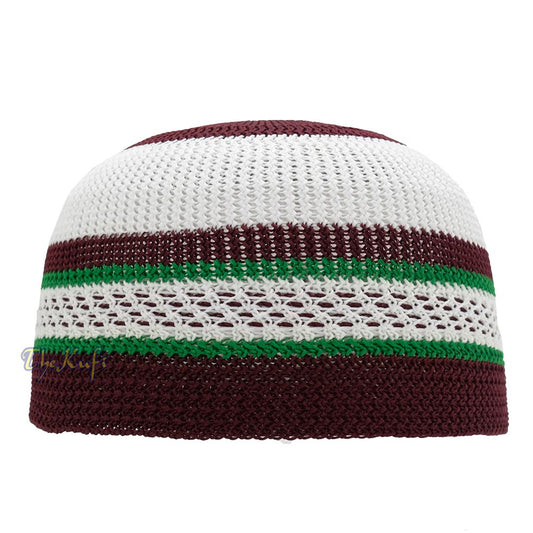 White and Maroon with Green Stripes & Dotted Lines Nylon Stretchy Textured Kufi Hat Skullcap