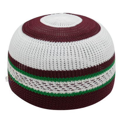 White and Maroon with Green Stripes & Dotted Lines Nylon Stretchy Textured Kufi Hat Skullcap