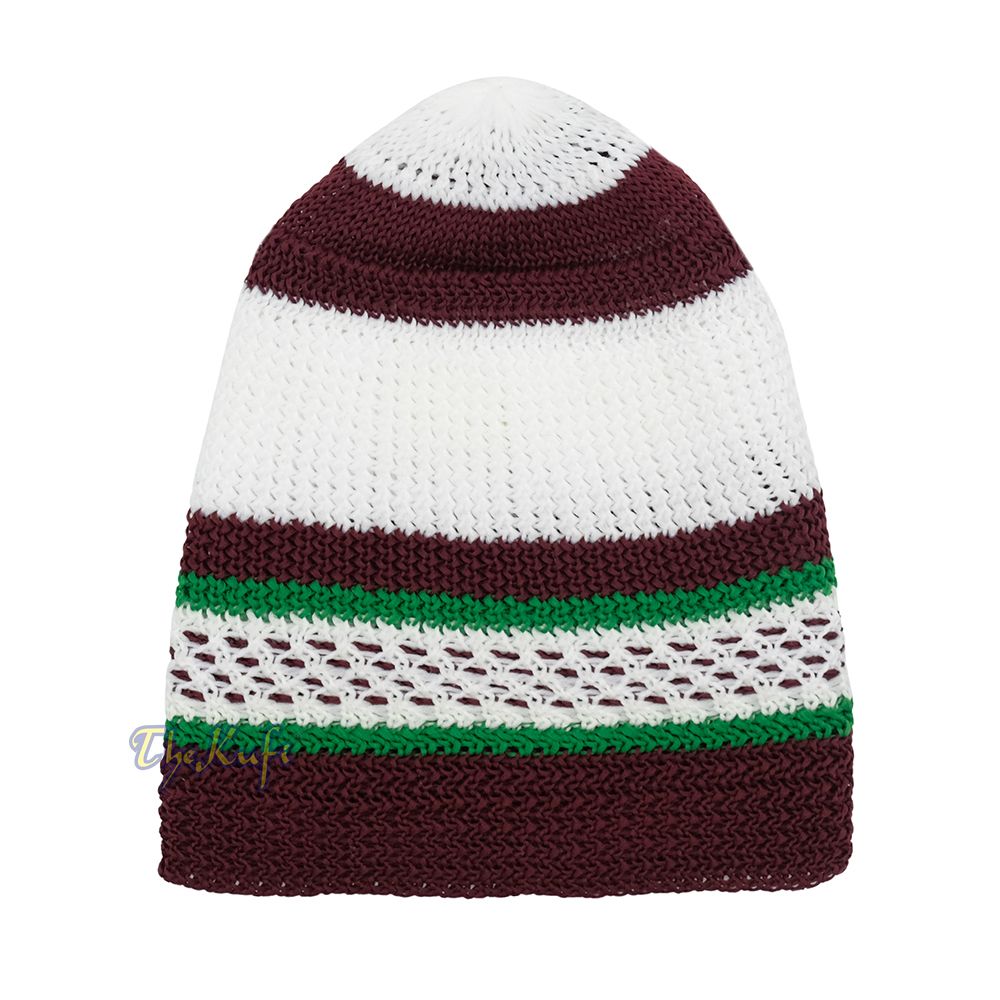 White and Maroon with Green Stripes & Dotted Lines Nylon Stretchy Textured Kufi Hat Skullcap