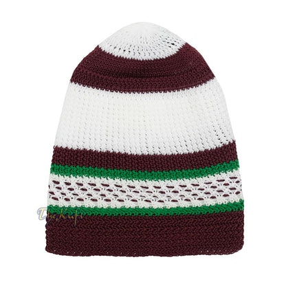 White and Maroon with Green Stripes & Dotted Lines Nylon Stretchy Textured Kufi Hat Skullcap