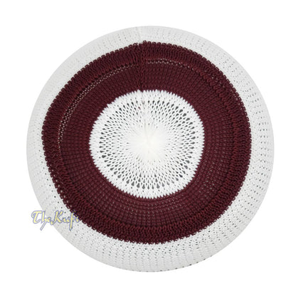 White and Maroon with Green Stripes & Dotted Lines Nylon Stretchy Textured Kufi Hat Skullcap