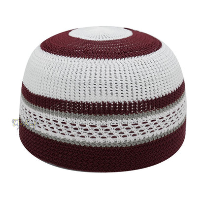 White and Maroon with Gray Stripes & Dotted Lines Nylon Stretchy Textured Kufi Hat Skullcap