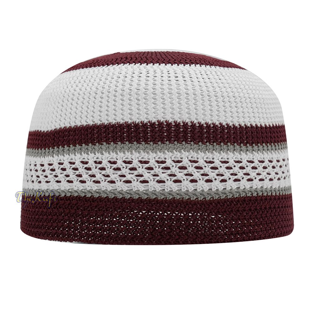 White and Maroon with Gray Stripes & Dotted Lines Nylon Stretchy Textured Kufi Hat Skullcap