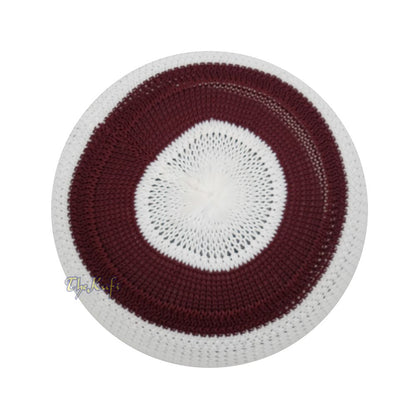 White and Maroon with Gray Stripes & Dotted Lines Nylon Stretchy Textured Kufi Hat Skullcap