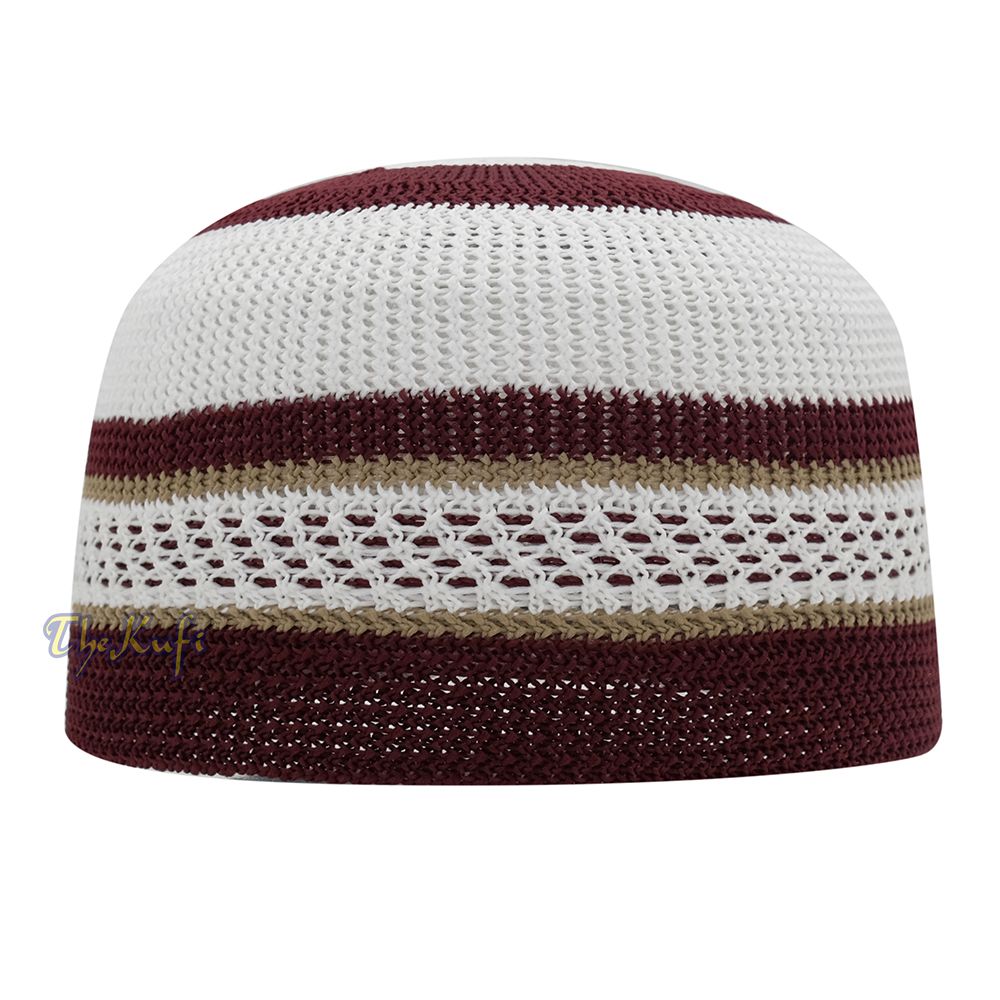 White and Maroon with Khaki Stripes & Dotted Lines Nylon Stretchy Textured Kufi Hat Skullcap