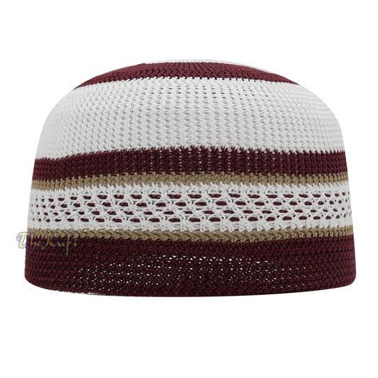 White and Maroon with Khaki Stripes & Dotted Lines Nylon Stretchy Textured Kufi Hat Skullcap