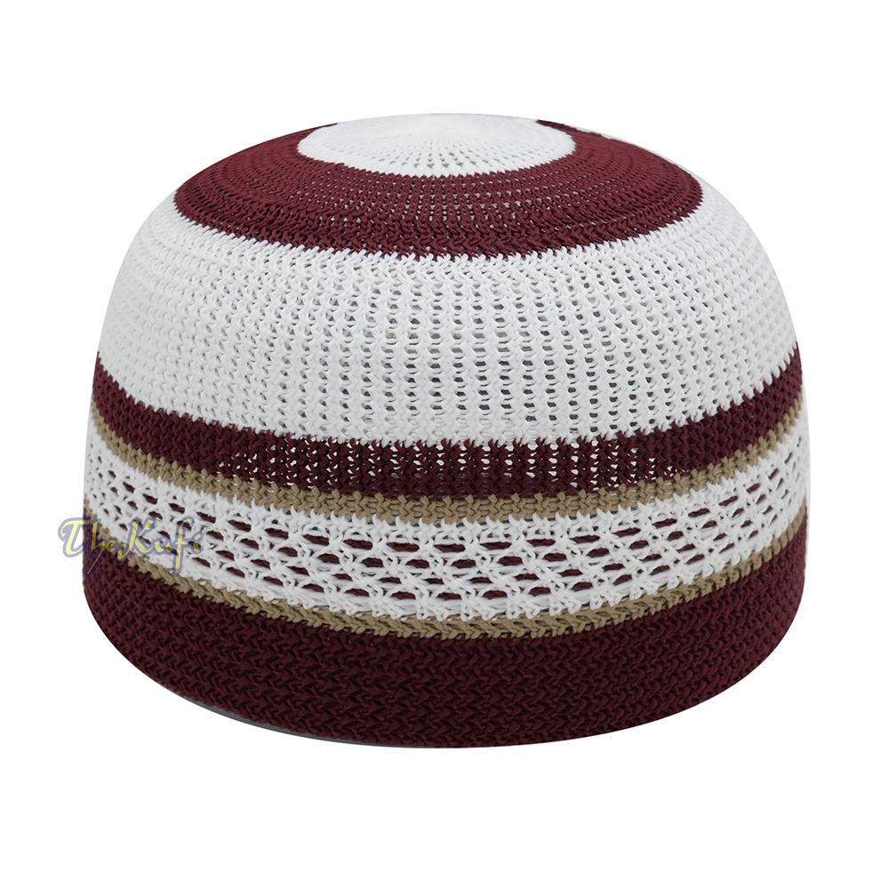 White and Maroon with Khaki Stripes & Dotted Lines Nylon Stretchy Textured Kufi Hat Skullcap