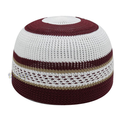 White and Maroon with Khaki Stripes & Dotted Lines Nylon Stretchy Textured Kufi Hat Skullcap
