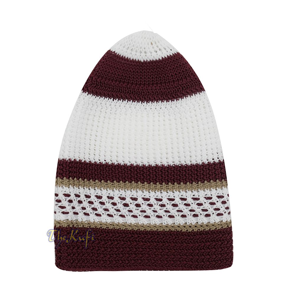 White and Maroon with Khaki Stripes & Dotted Lines Nylon Stretchy Textured Kufi Hat Skullcap