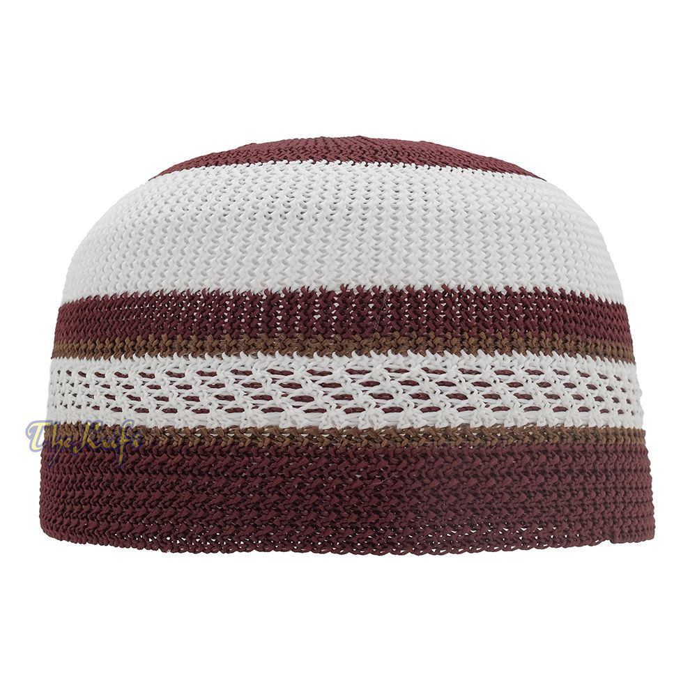 White and Maroon with Rust Brown Stripes & Dotted Lines Nylon Stretchy Textured Kufi Hat Skullcap
