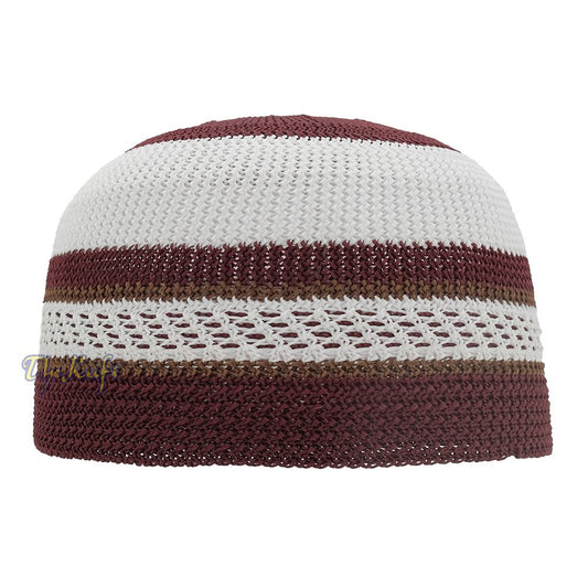 White and Maroon with Rust Brown Stripes & Dotted Lines Nylon Stretchy Textured Kufi Hat Skullcap