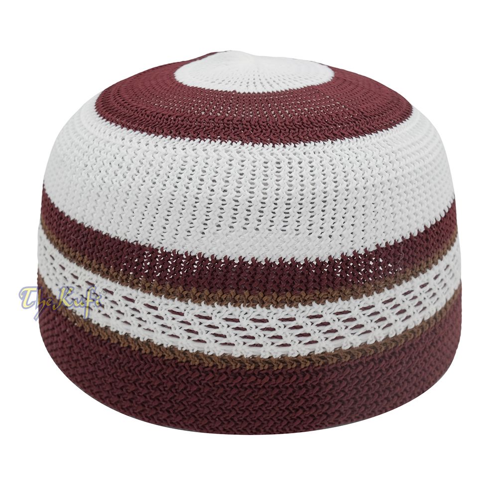 White and Maroon with Rust Brown Stripes & Dotted Lines Nylon Stretchy Textured Kufi Hat Skullcap