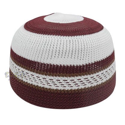 White and Maroon with Rust Brown Stripes & Dotted Lines Nylon Stretchy Textured Kufi Hat Skullcap