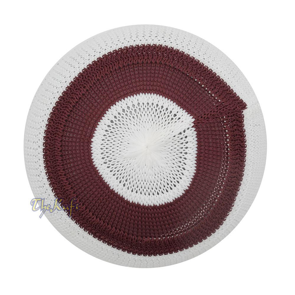 White and Maroon with Rust Brown Stripes & Dotted Lines Nylon Stretchy Textured Kufi Hat Skullcap