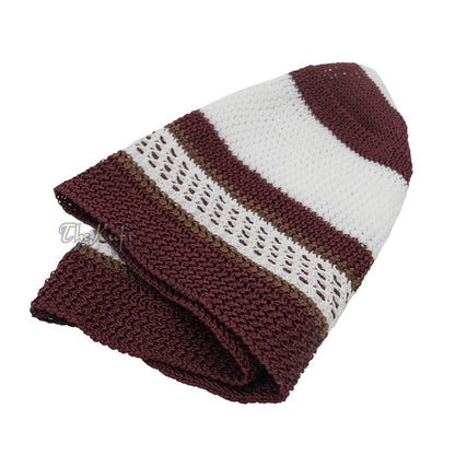 White and Maroon with Rust Brown Stripes & Dotted Lines Nylon Stretchy Textured Kufi Hat Skullcap