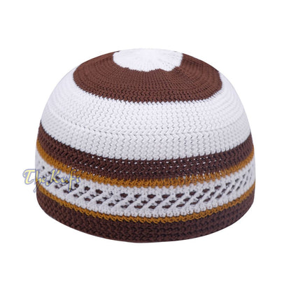 White, Dark Brown, Rust Brown Stripe Nylon Stretchy Kufi Topi Moslem Skull Cap