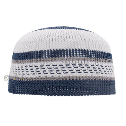 White and Navy Blue with Gray Stripes & Dotted Lines Nylon Stretchy Textured Kufi Hat Skullcap