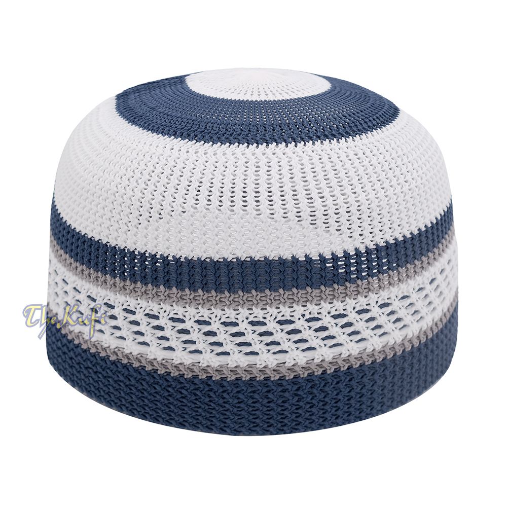 White and Navy Blue with Gray Stripes & Dotted Lines Nylon Stretchy Textured Kufi Hat Skullcap