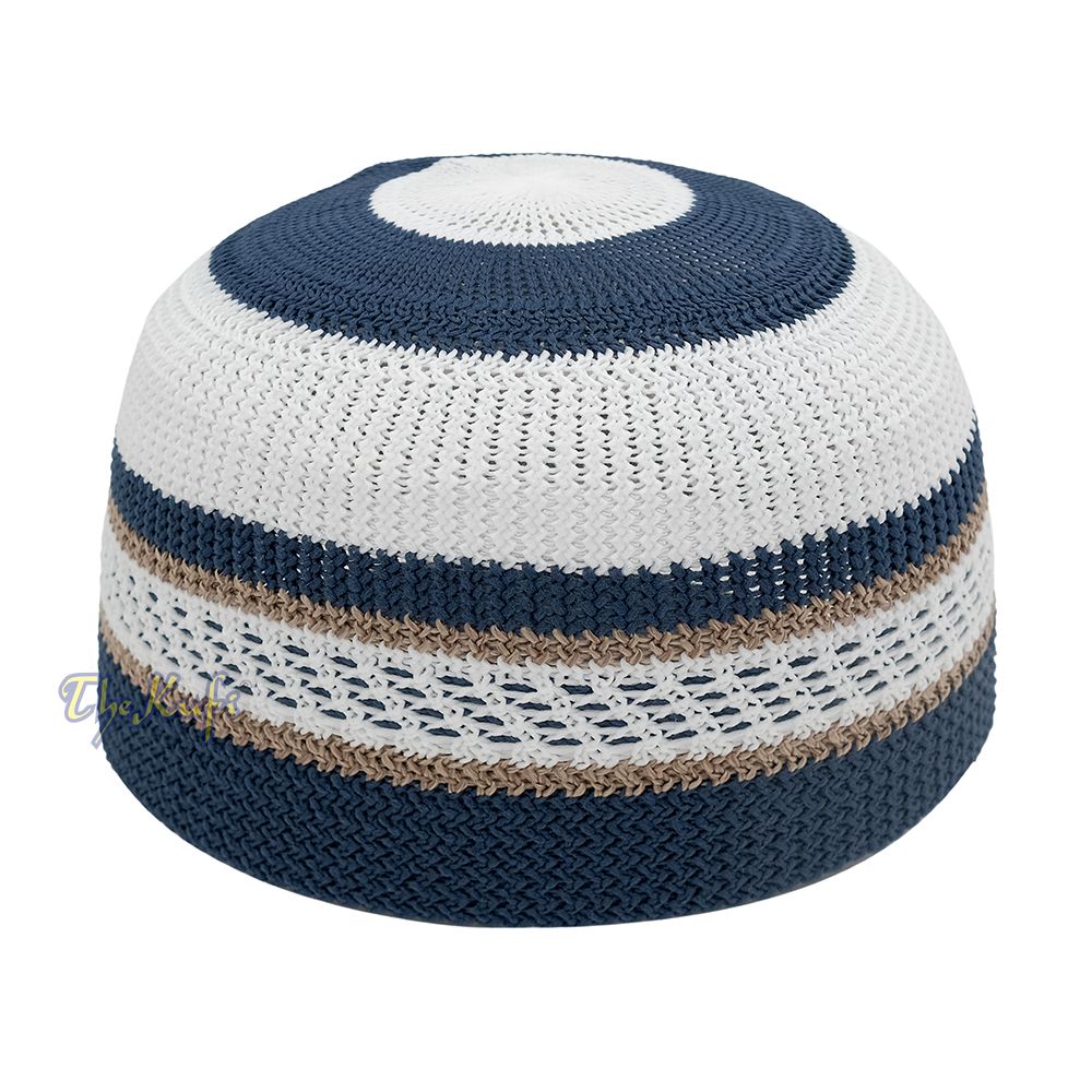 White and Navy Blue with Light Brown Stripes & Dotted Lines Nylon Stretchy Textured Kufi Hat Skullcap