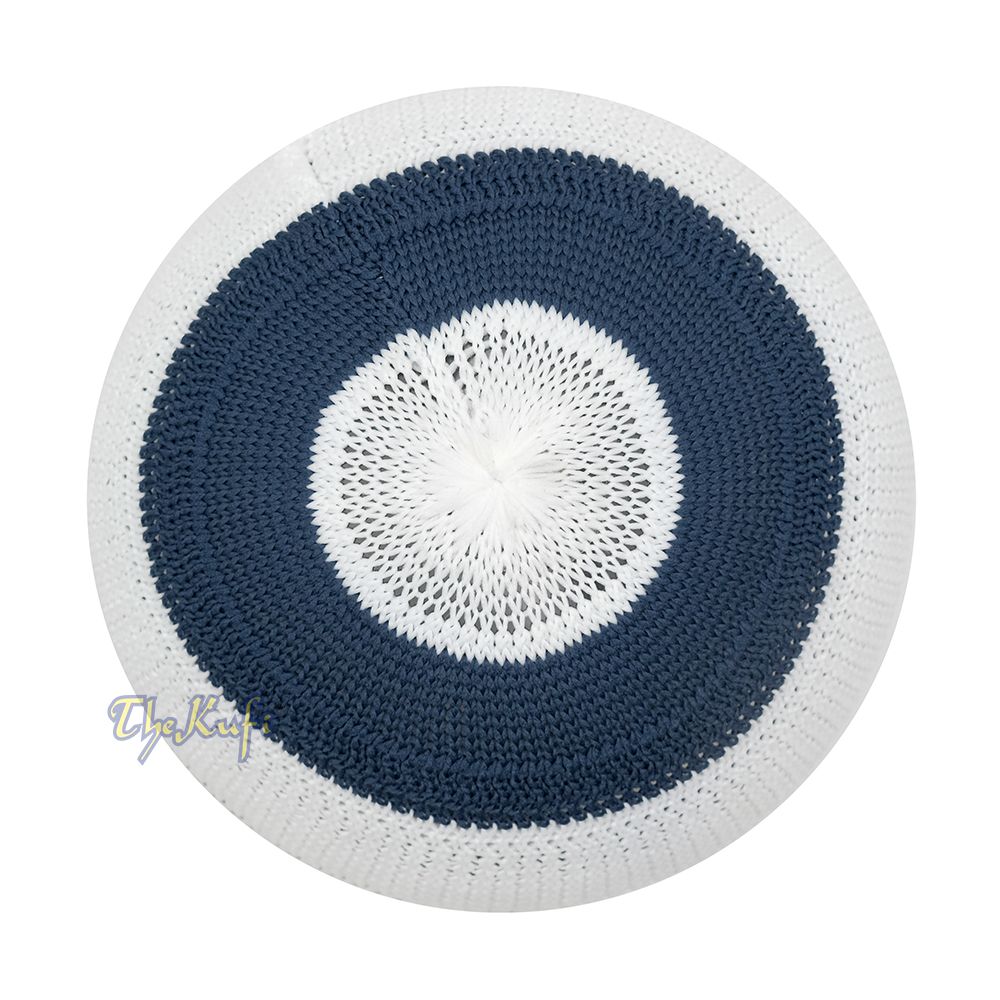 White and Navy Blue with Light Brown Stripes & Dotted Lines Nylon Stretchy Textured Kufi Hat Skullcap