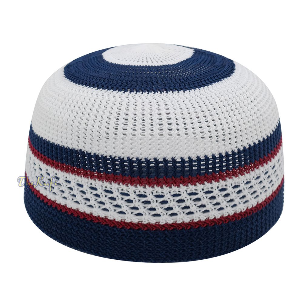 White and Navy Blue with Maroon Stripes & Dotted Lines Nylon Stretchy Textured Kufi Hat Skullcap