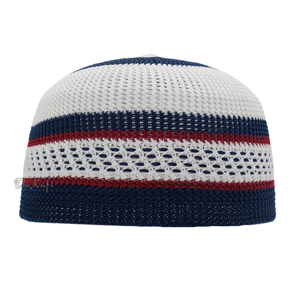 White and Navy Blue with Maroon Stripes & Dotted Lines Nylon Stretchy Textured Kufi Hat Skullcap