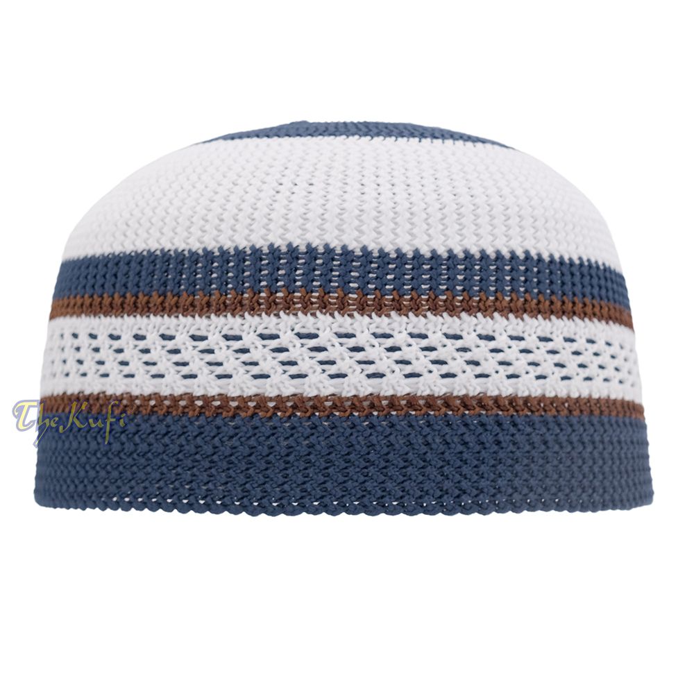 White and Navy Blue with Rust Brown Stripes & Dotted Lines Nylon Stretchy Textured Kufi Hat Skullcap