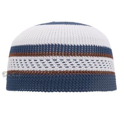 White and Navy Blue with Rust Brown Stripes & Dotted Lines Nylon Stretchy Textured Kufi Hat Skullcap