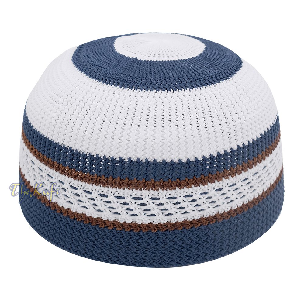 White and Navy Blue with Rust Brown Stripes & Dotted Lines Nylon Stretchy Textured Kufi Hat Skullcap