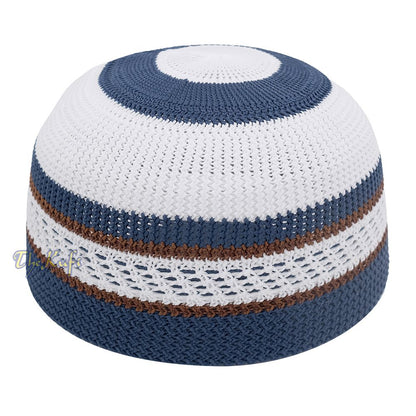 White and Navy Blue with Rust Brown Stripes & Dotted Lines Nylon Stretchy Textured Kufi Hat Skullcap