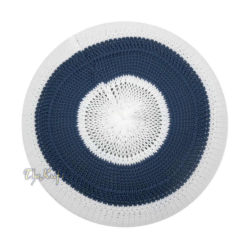 White and Navy Blue with Rust Brown Stripes & Dotted Lines Nylon Stretchy Textured Kufi Hat Skullcap