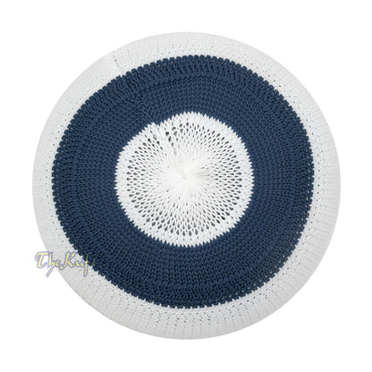 White and Navy Blue with Rust Brown Stripes & Dotted Lines Nylon Stretchy Textured Kufi Hat Skullcap