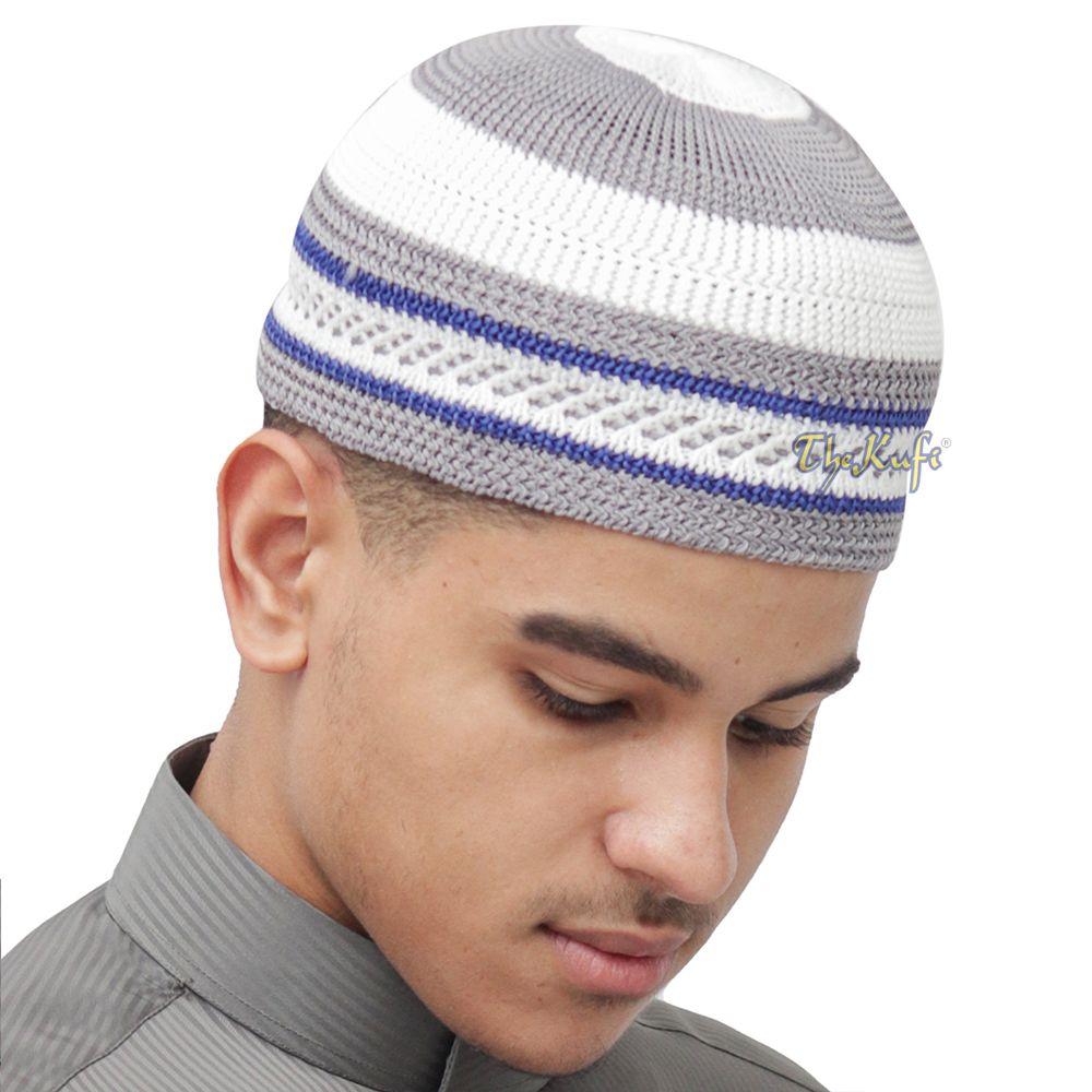 Islamic White and Gray with Navy-Blue Stripes Nylon Stretchy Textured Kufi Hat Skullcap Topi Skullie