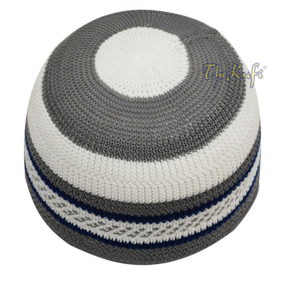 Islamic White and Gray with Navy-Blue Stripes Nylon Stretchy Textured Kufi Hat Skullcap Topi Skullie