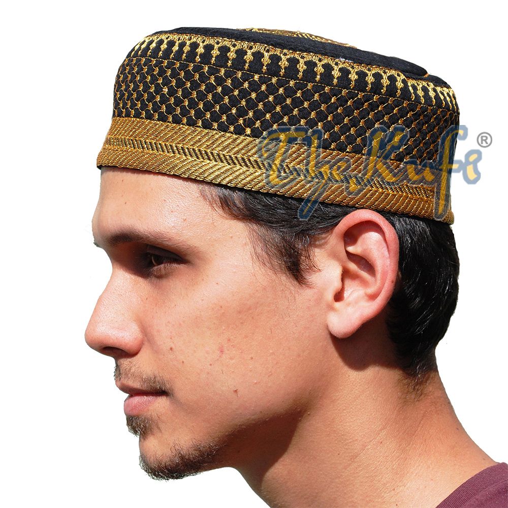 Black Padded Hat with Gold Embroidery