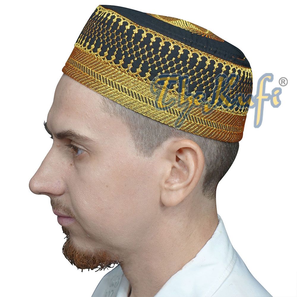 Black Padded Hat with Gold Embroidery