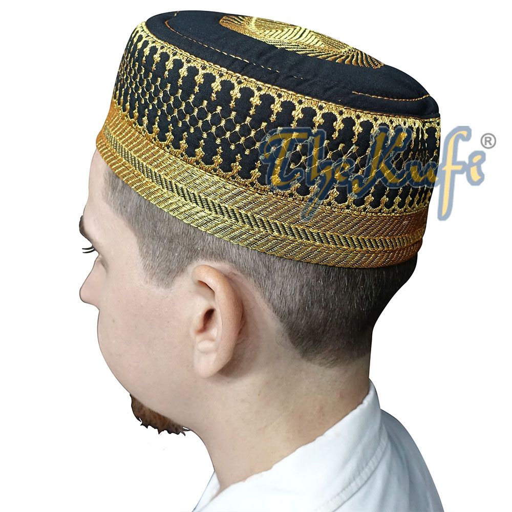 Black Padded Hat with Gold Embroidery