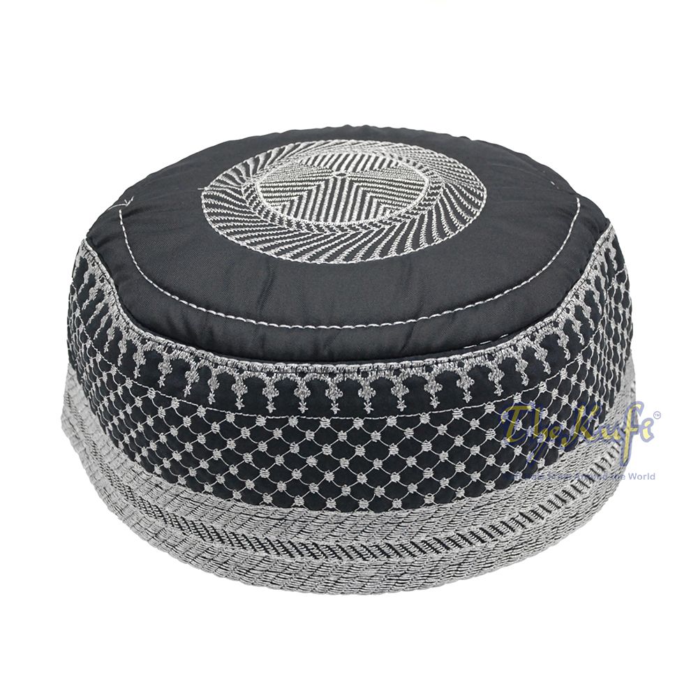 Black Quilted Hat with Silver Embroidery