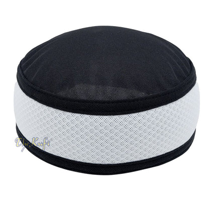 Black with White Madun Vented Top Pliable Two-Color Round Kufi Hat