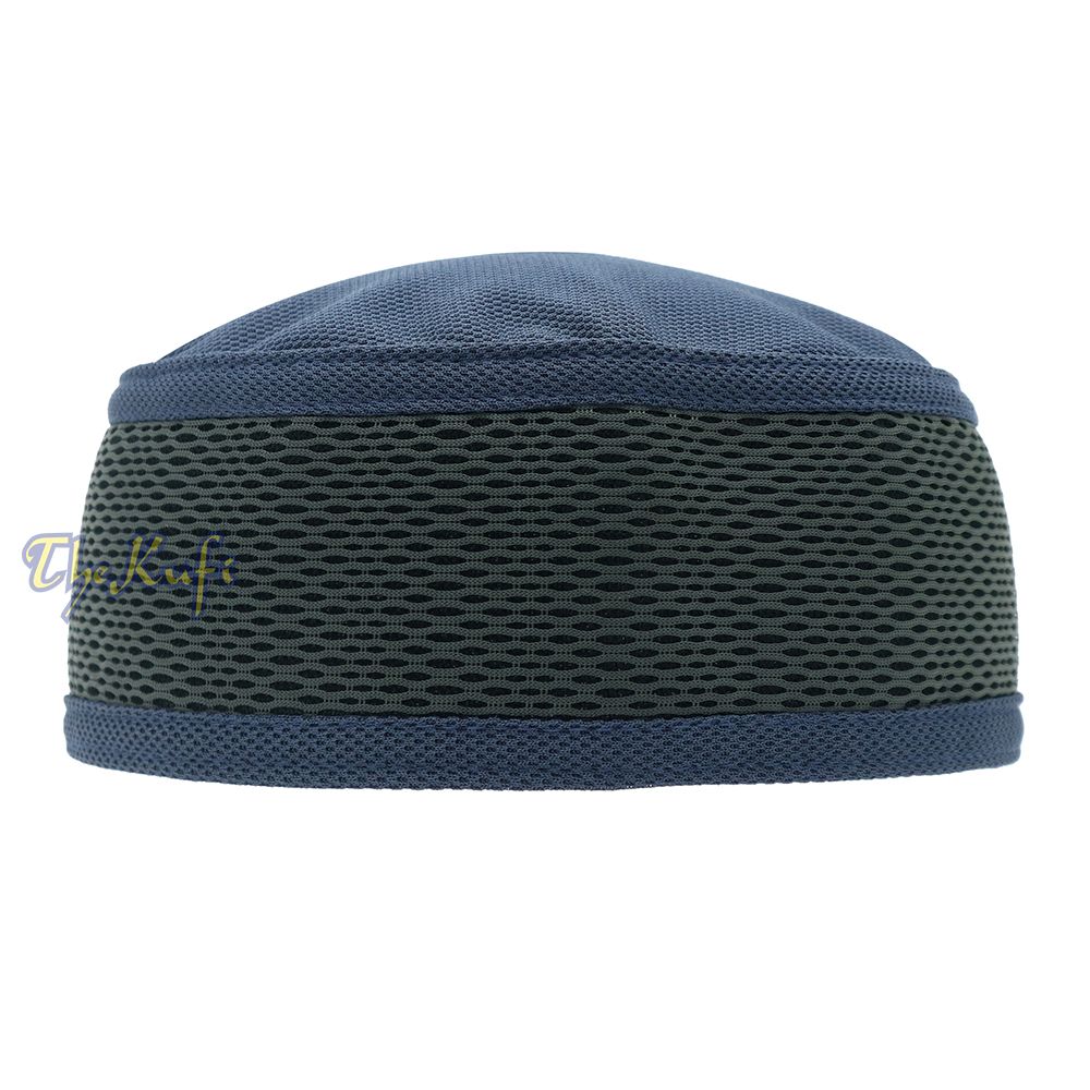 Blue and dark gray mesh Islamic kufi cap with breathable ventilated design from TheKufi.com.