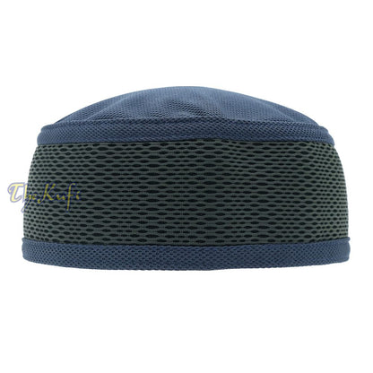 Blue and dark gray mesh Islamic kufi cap with breathable ventilated design from TheKufi.com.