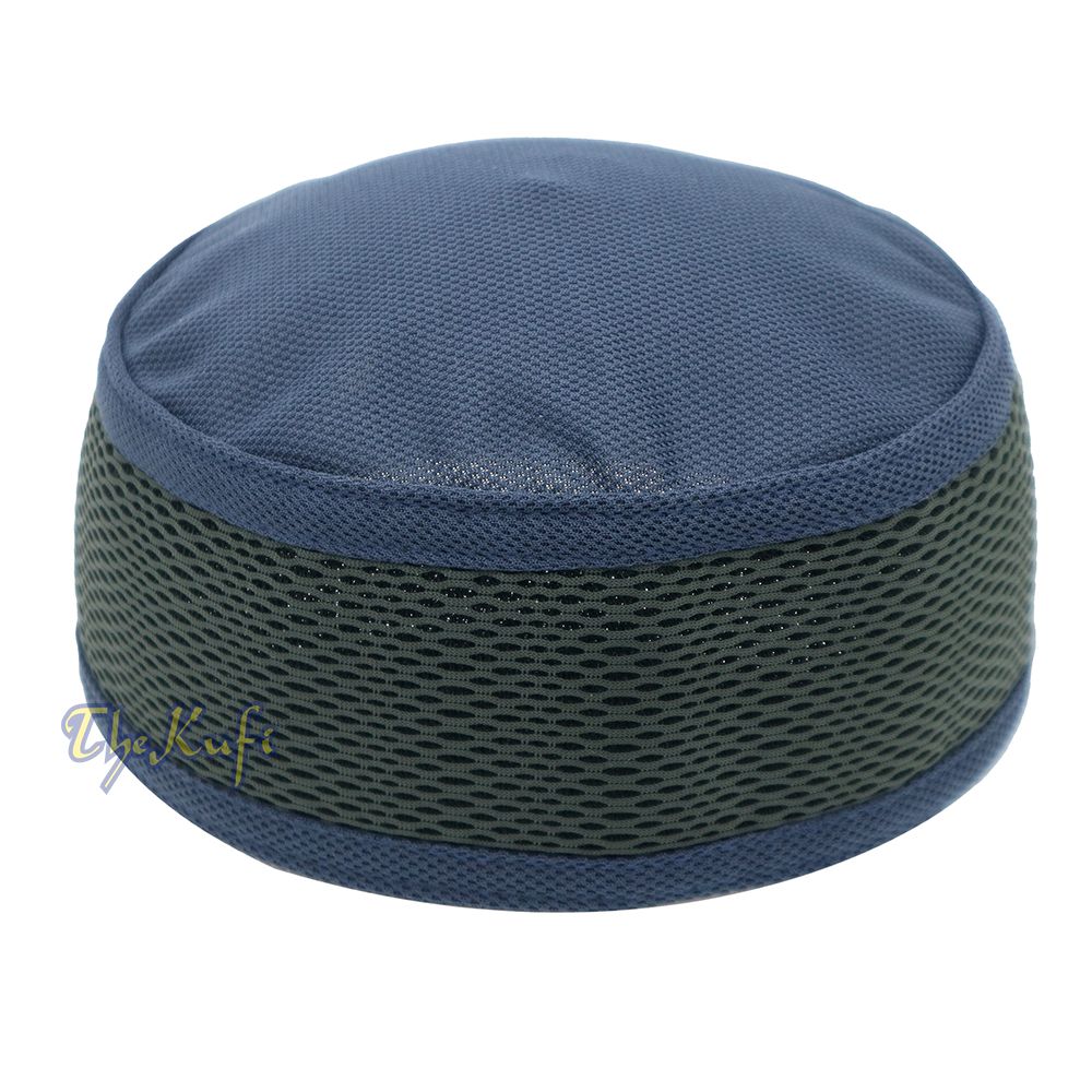 Blue and dark gray mesh Islamic kufi cap with breathable ventilated design from TheKufi.com.